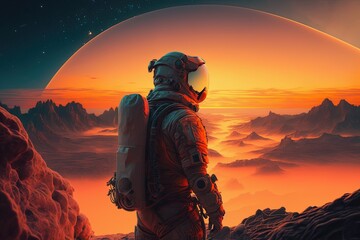 Fototapeta na wymiar An astronaut watches the sunset from the mountain. AI generated