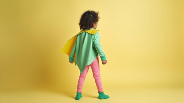 Excited Child in Superhero Suit and Mask, Isolated on Yellow Background. Funny Girl in Green Cloak, for Kindergarten Kids, Imagination, Role-Playing, Halloween Costume. Generative AI