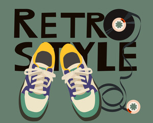 Sneakers Shoes for Teenagers, retro style. Designer font, lettering.