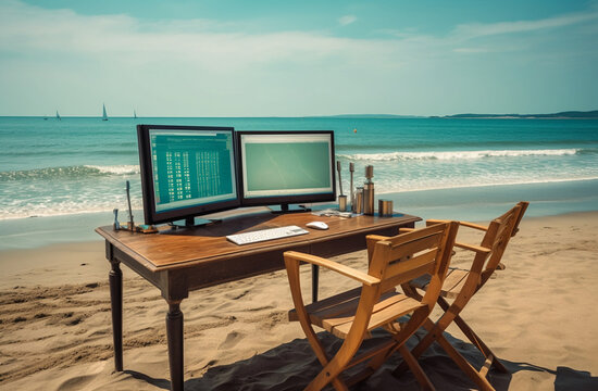 Arbeitsplatz am Strand einer Trauminsel in der S&uuml;dsee - Arbeit im Urlaub - Workaholic - Ai / Ki generiert