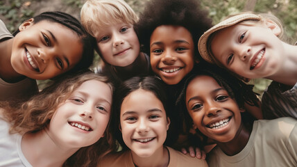 Fototapeta premium Happy Multiethnic Kids Group Playing and Smiling Outdoors, Friendship Summer Holidays and Weekend. Joyful Children Huddling in a Circle, Supporting Each Other and Enjoying Childhood Fun. Generative ai