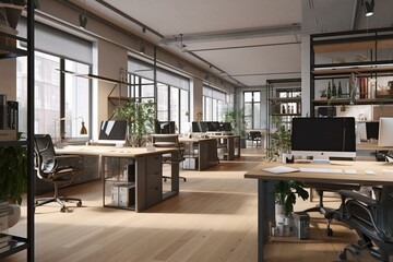 Realistic 3D rendering of an open-plan office space. Generative AI