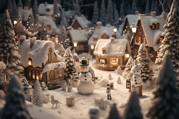 Repeating design of wintry Christmas village street surrounded by snowmen and trees on snowy backdrop. Generative AI