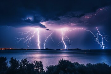 Naklejka na ściany i meble A visually stunning thunderstorm illuminated the night sky with bright lightning bolts. Generative AI