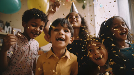 Group of Children Friends. Happy multicultural kids having fun celebrating birthday party together with confetti. Children's birthday concept. Generative ai