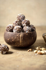 Energy balls. No cook energy protein, bites made from coconut flakes, oats, dried fruits and nuts.