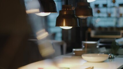 The cinematic view at the empty restaurant's kitchen