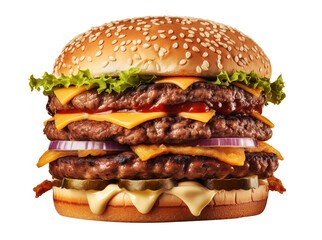 Triple burger in transparent background. Generative AI. - obrazy, fototapety, plakaty