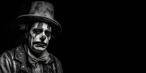 Fototapeta na wymiar Black and white photorealistic studio portrait of a sad clown on black background. Generative AI illustration