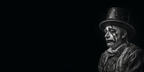Obraz premium Black and white photorealistic studio portrait of a sad clown on black background. Generative AI illustration