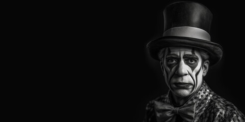 Black and white photorealistic studio portrait of a sad clown on black background. Generative AI illustration