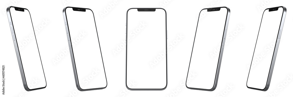 Aufkleber smartphones with transparent screens positioned diagonally at different angles. realistic rendering.