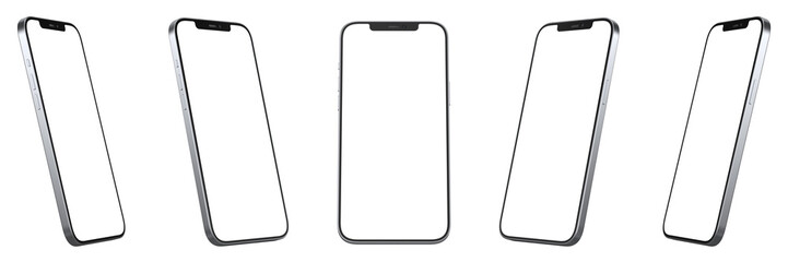 Smartphones with transparent screens positioned diagonally at different angles. Realistic rendering.