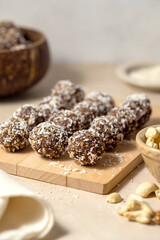 Energy balls. No cook energy protein, bites made from coconut flakes, oats, dried fruits and nuts.
