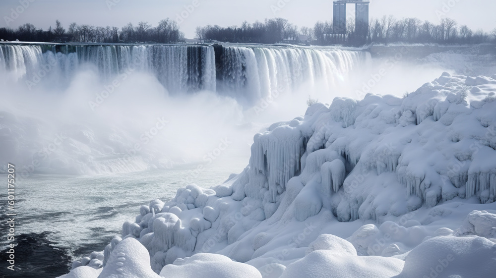 Poster a frozen waterfall with a bridge in the background. generative ai.