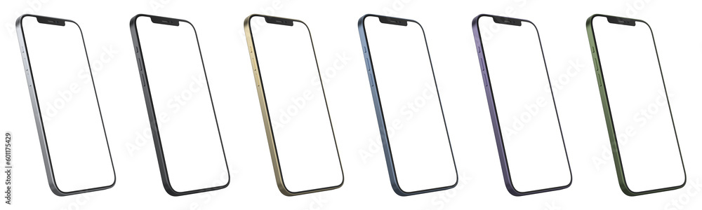 Aufkleber smartphones with transparent screens positioned diagonally in a wide range of colors. realistic rend