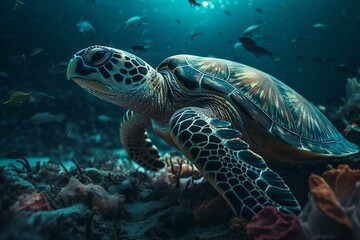 Ocean pollution affects sea turtle swimming among plastic debris. Generative AI