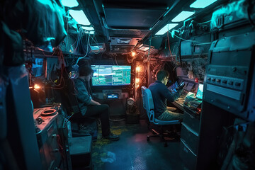 Police or secret service people sitting inside surveliance van with computers and surveliance cameras. Generative AI.