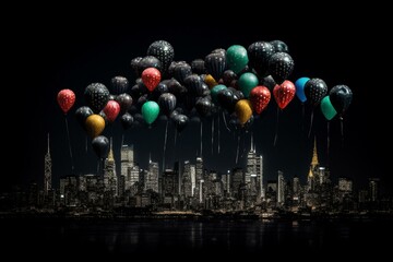 Picture of city skyline and balloons against black background. Generative AI