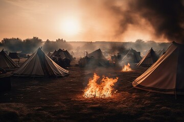 Tents surround blazing fire. Generative AI