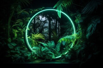 Circle fluorescent frame with neon lights and tropical plants in rainforest. Generative AI