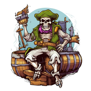 A comical pirate skeleton t-shirt design with a skeleton wearing an eyepatch and carrying a wooden leg. The pirate skeleton is holding a mug of ale and sitting on a barrel of rum with a, Generative Ai