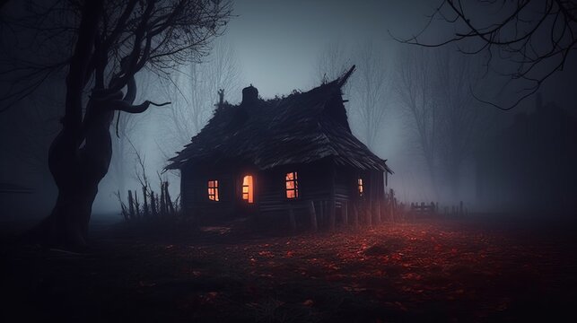 Spooky house or witch hut, dark and scary night halloween scene with fog