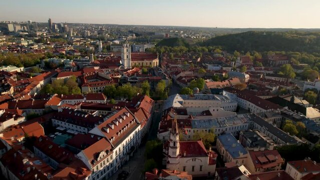 Areal footage of Vilnius old town in sunrise