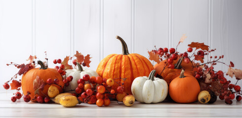 Festive autumn decorations of pumpkins, berries and leaves on a white wooden background. Thanksgiving or Halloween day concept. Generative AI