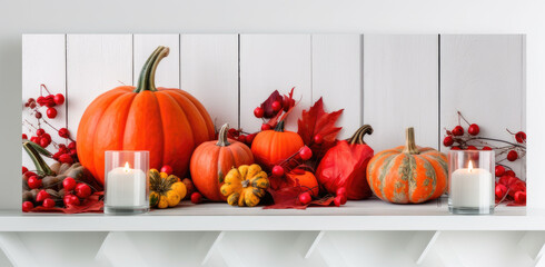 Festive autumn decorations of pumpkins, berries and leaves on a white wooden background. Thanksgiving or Halloween day concept. Generative AI