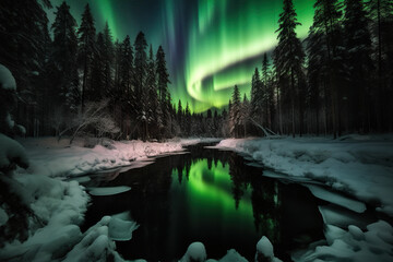 The aurora bore lights up the night sky over a frozen river. Generative AI.