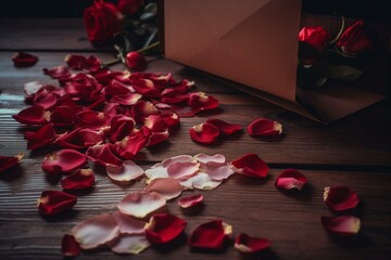 Valentine's Day themed envelope with red color and rose petals on wooden table. Perfect for loved ones. Generative AI