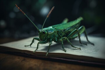 Cheerful green insect engrossed in reading. Generative AI