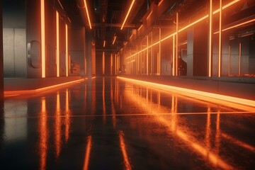 Futuristic orange neon lights shine on concrete floor, with reflections in empty space. 3D rendering. Generative AI