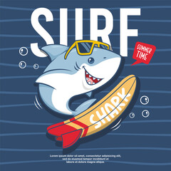 Funny Surf Shark With Surfboard. Summer Time. Cute Cartoon Illustration