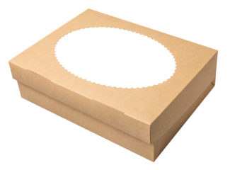 Cardboard box for cookies or sweets with a beautiful cutout on the lid. Isolated object on a transparent background. Element for design