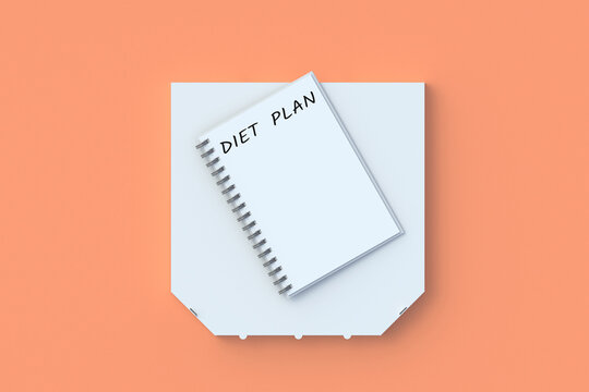Inscription diet plan on notepad near pizza box. Healthy eating. Calorie control. Nutritionist consultation. Meal schedule. Slimming concept. Top view. 3d render slimming
