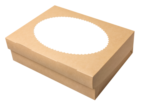 Cardboard box for cookies or sweets with a beautiful cutout on the lid. Isolated object on a transparent background. Element for design