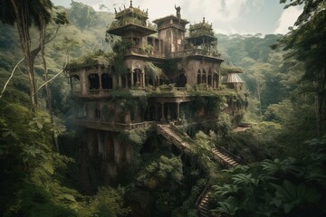 Strange castle in a jungle. Generative AI