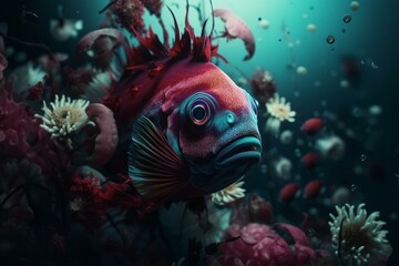 A fish in ocean with anemones scattered, one at the bottom. Generative AI