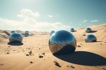 Futuristic desert with metallic balls in sand and water under blue sky. Generative AI