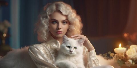 Fashion woman Influencers with charming fluffy white cat. Generative AI