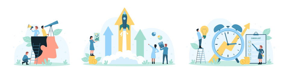 Project development, time management set vector illustration. Cartoon tiny people launch rocket along with growing arrows, manage tasks with clock and list, looking through telescope in leaders head