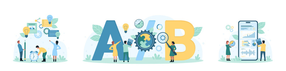Project management set vector illustration. Cartoon tiny people make best choice and choose between A and B options, process of results comparison with software in phone, gears and light bulb methods