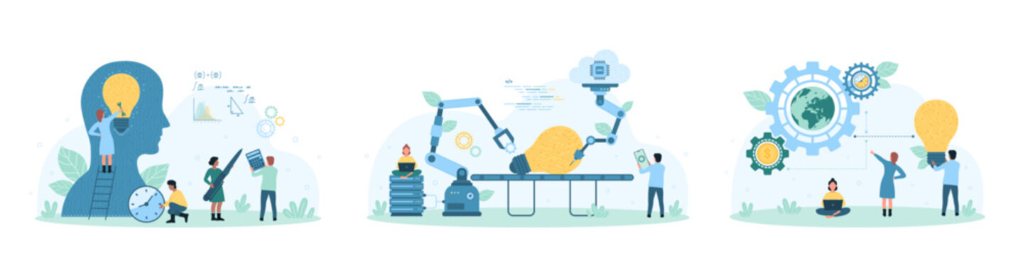Project development set vector illustration. Cartoon tiny people repair light bulb inside human head, work together with robots to design lamp on conveyor line, develop connection to gears system