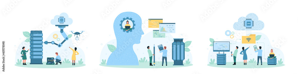 Poster online cloud service set vector illustration. cartoon tiny people control server hardware with robot