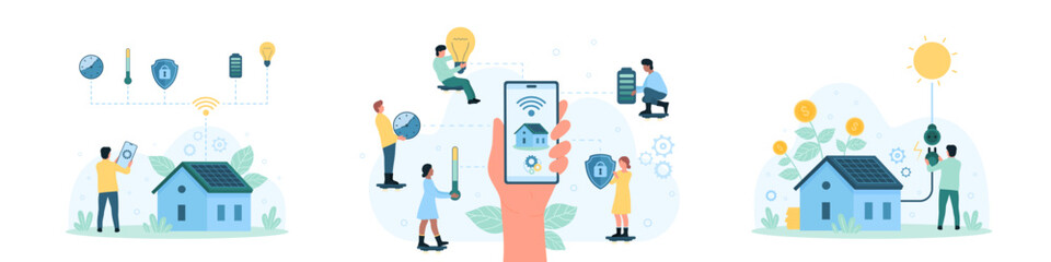 Smart home, IOT administration set vector illustration. Cartoon hand with mobile app in phone monitoring system of building, tiny people control and lock access to lights and electricity, solar panel - obrazy, fototapety, plakaty