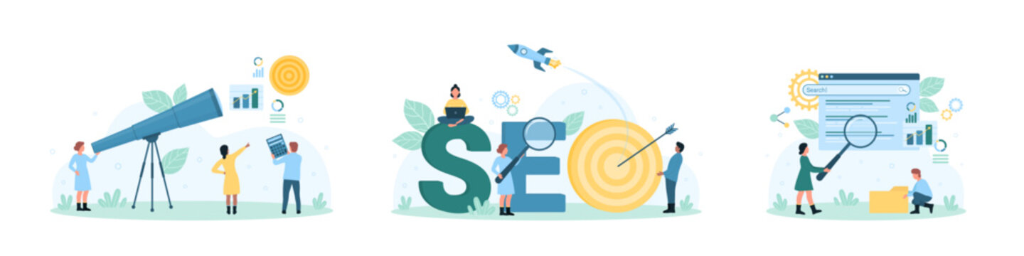 SEO service set vector illustration. Cartoon tiny people search marketing information, analyze algorithms and statistic data with magnifying glass and telescope, launch rocket project near SEO word