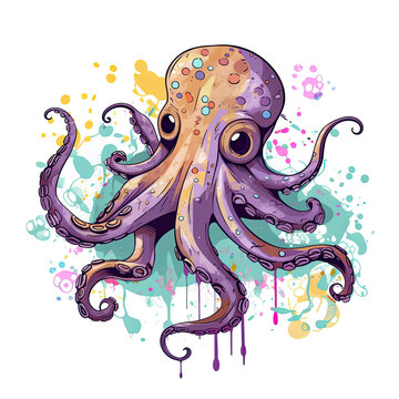 A humorous octopus t-shirt with a cartoonish design of a clumsy octopus tangled in its own tentacles, a colorful and playful design that brings a smile, Generative Ai