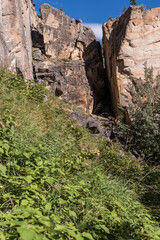 Spirit Canyon in Yukon Territory in the summer time with huge rock walls, cliffs in the arctic Canadian landscape scenic area view. 